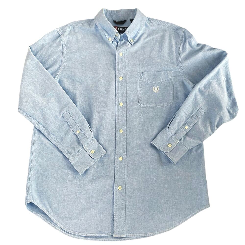 Chaps Blue Button Down Shirt Mens LARGE Long Sleeve Emblem Pocket Casual Work